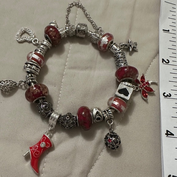 Handmade-NWOT-925 SS plated charm bracelet. Red lamp work beads variety charms - Picture 12 of 12